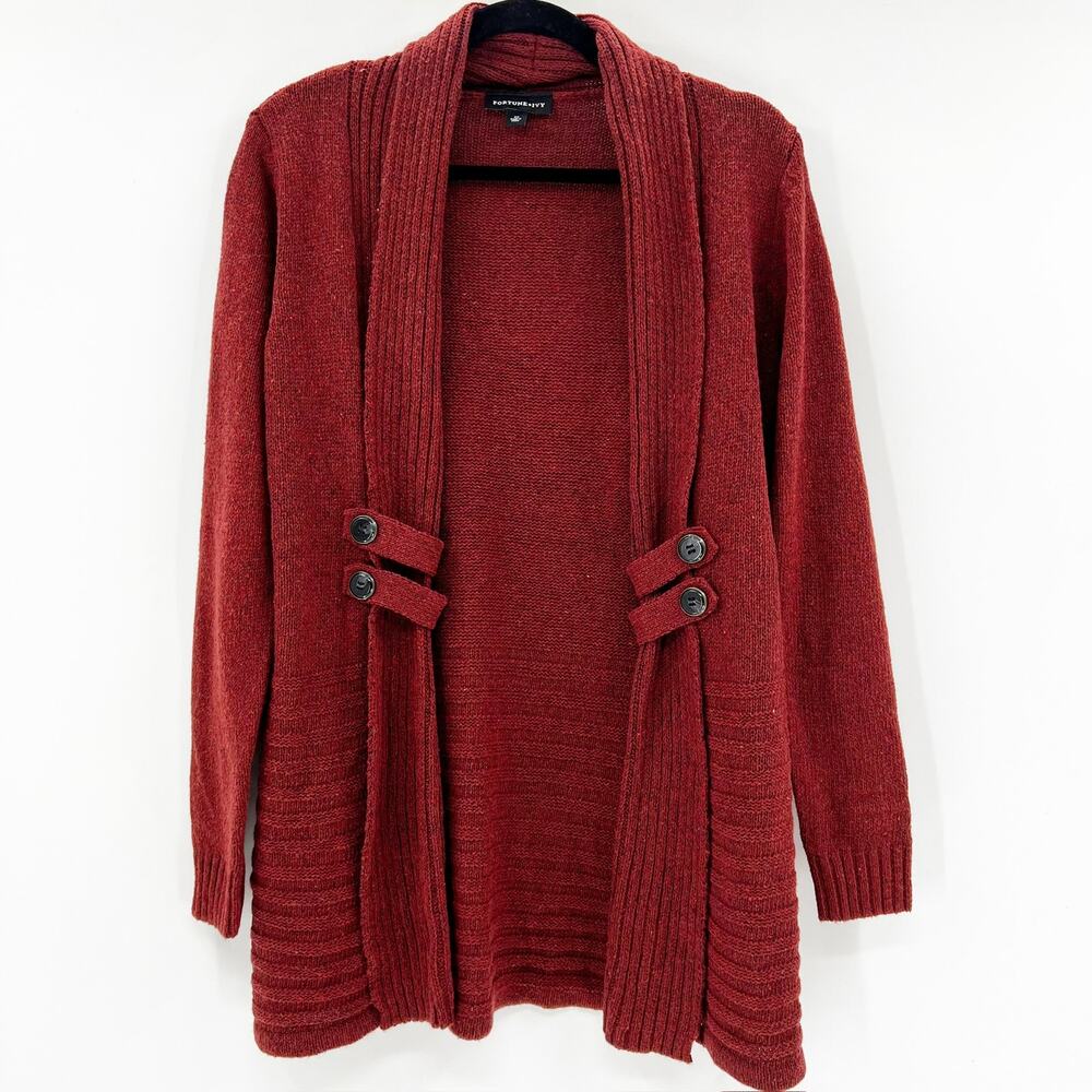 Fortune Ivy Women's Red Long Sleeve Open Cardigan Sweater‎ Top Size XS